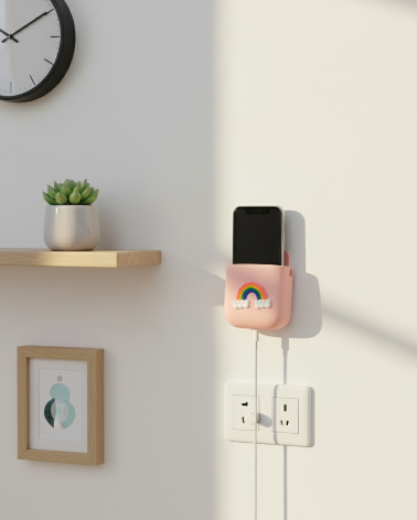 Pink Rainbow Plastic Wall Mount Phone Holder | Save Space & Secure Charging at the Outlet